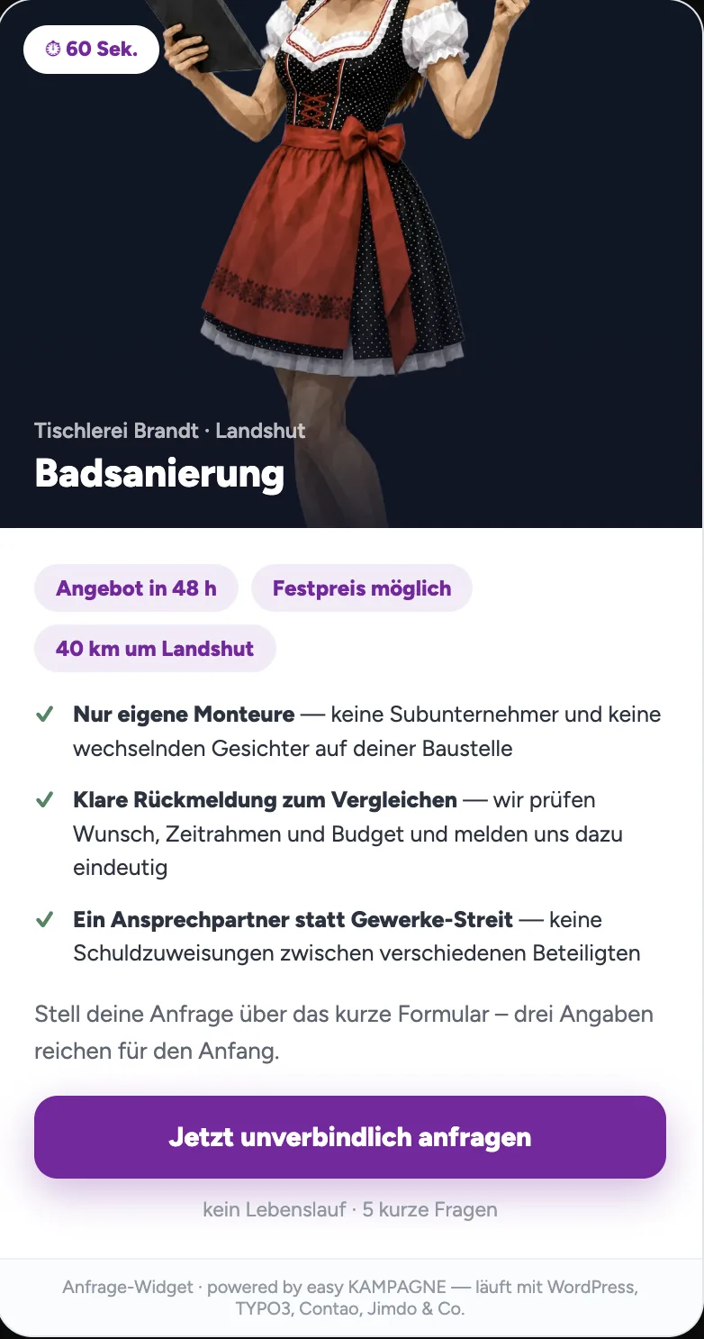 Landingpage einer Anfrage-Kampagne