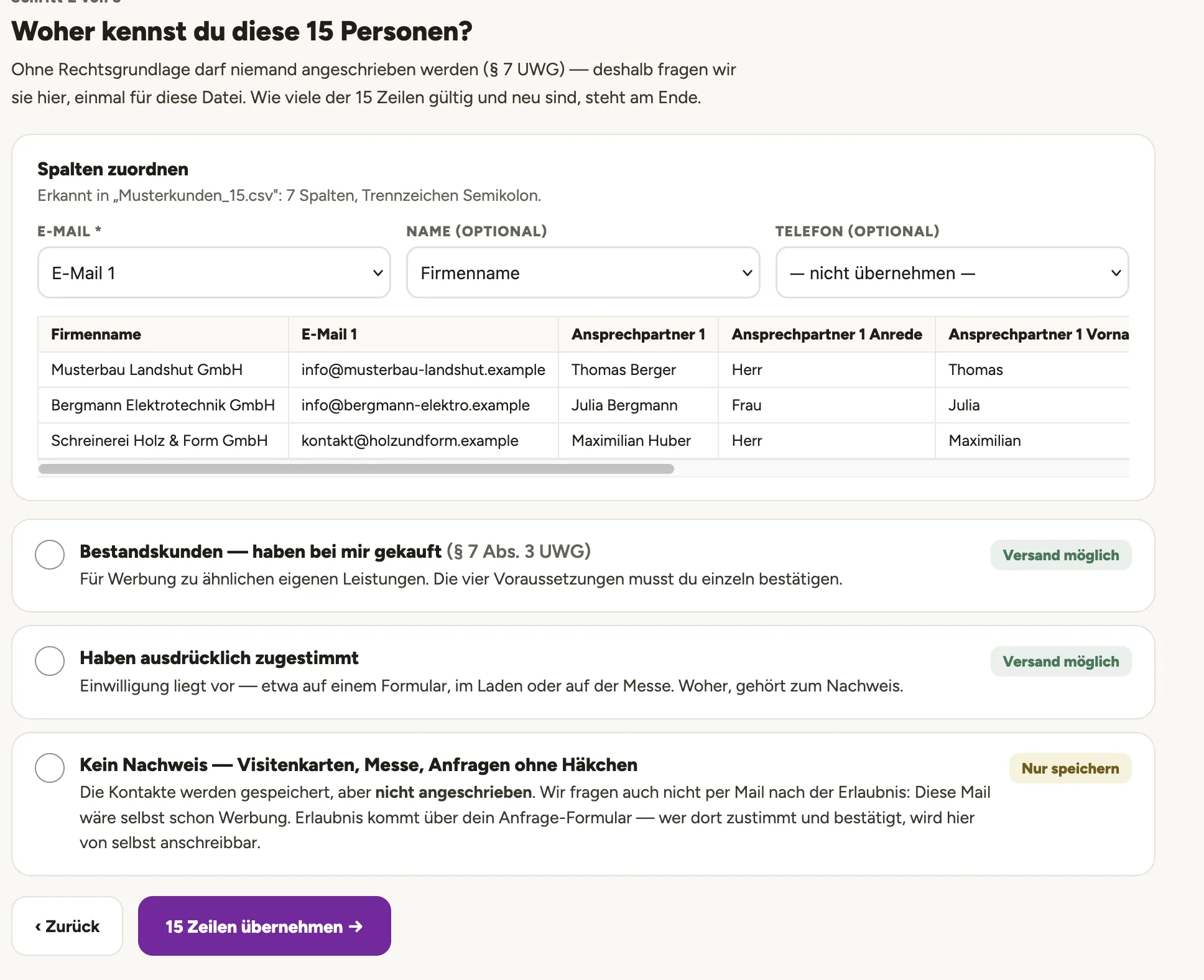Kontakt-Import: Spalten zuordnen und angeben, woher du die Personen kennst