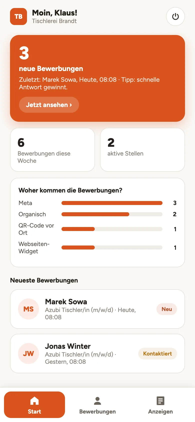 Übersicht der Bewerbungen in der App
